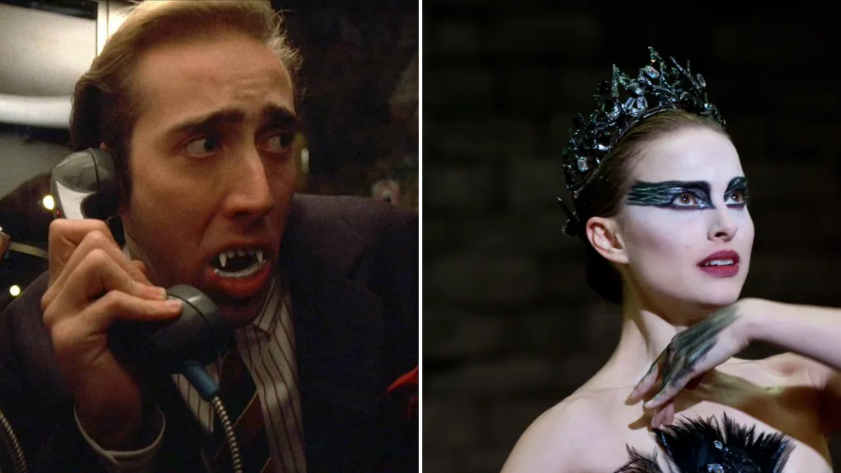 Left: Nicholas Cage, in plastic vampire fangs, in Vampire's Kiss. Right: Natalie Portman as the Black Swan in Black Swan.